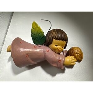 ANRI Italy Hand Painted Wood Angel Ornament Flying with Walnut Pink Gown Vintage